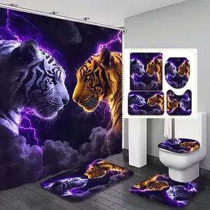 1/4pcs Tiger Duel Pattern Bathroom Decor Set, Bathroom Decoration Accessories, Bathroom Accessory, including shower curtain, toilet seat cover, rectangular bathroom mat, and U-shaped mat, includes 12 shower curtain hooks