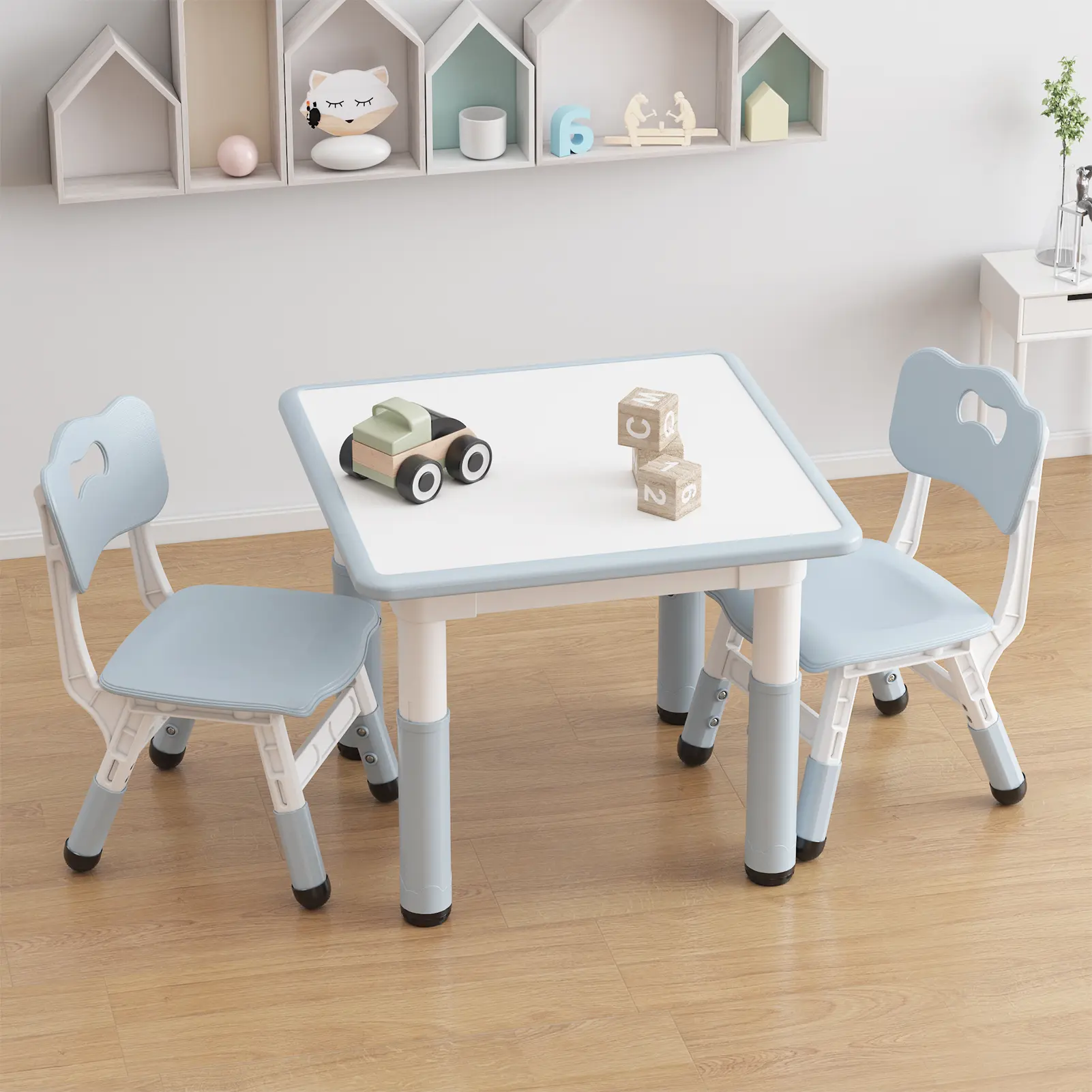 Kids Table and 2 Chairs Set, Ergonomic Children's Furniture for Ages 2-10, Height-Adjustable Toddler Set with Graffiti Desktop, Non-Slip Legs, Easy-to-Wipe Surface, Ideal for Classroom, Kids Room