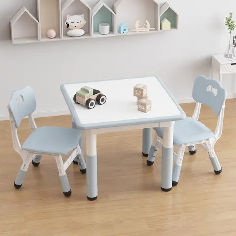 Kids Table and Chairs Set - 7+3 Level Height-Adjustable Ergonomic Children's Furniture, Kid-Safe Wood Top, Wipe-Clean Graffiti Surface, Curved Back, Steady Base Legs, 18.9"-23.6" Table, 10.6"-12.2" Chairs, Dining Desk for Ages 2-10, Table + Chairs
