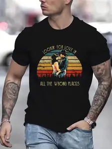 Men's Vintage Graphic Tee, Casual Fitted Short Sleeve Round Neck Top, All-Season Comfortable Wear, Perfect for Everyday Style, Streetwear