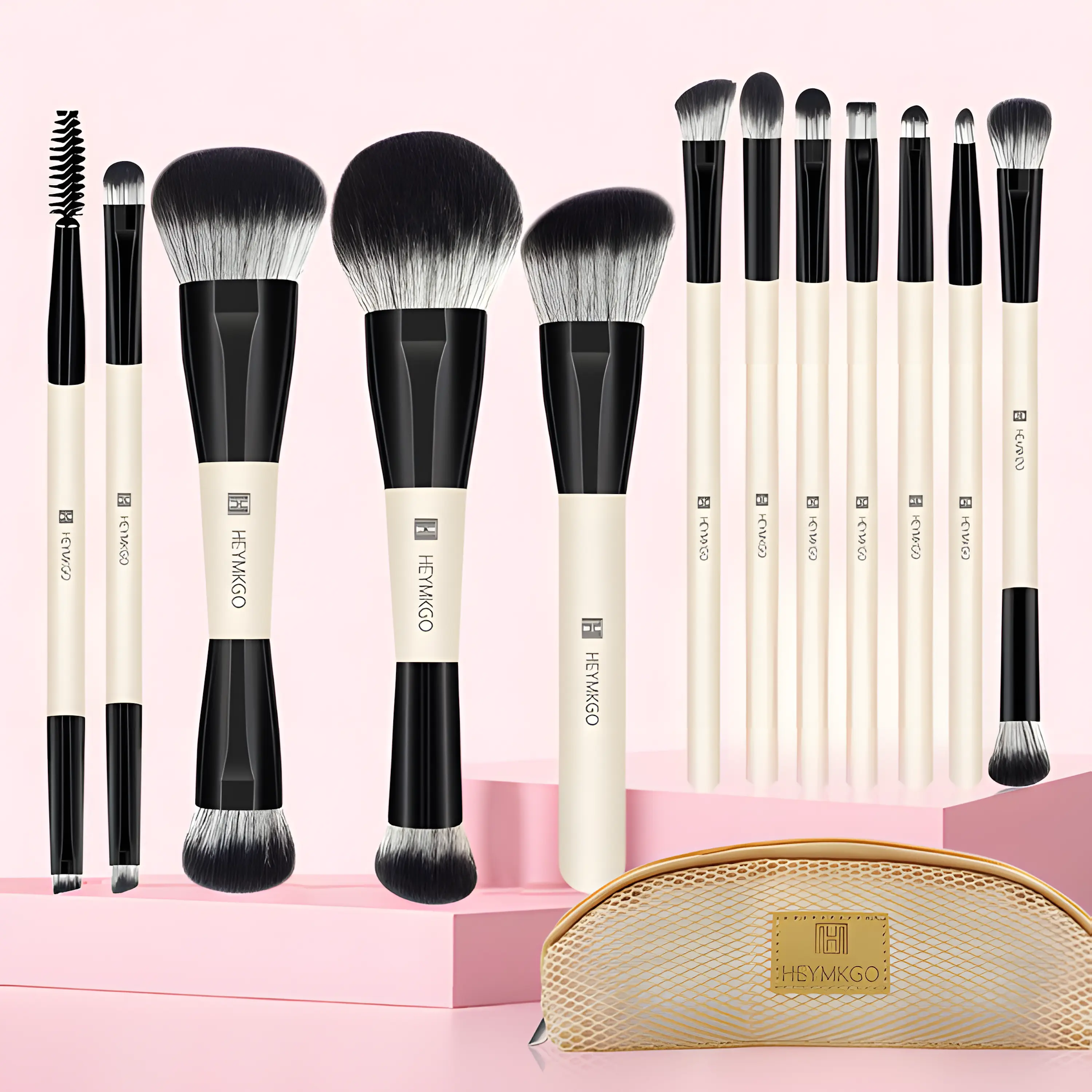 HEYMKGO 12PCS Dual-ended Makeup Brush Kit - Black, Multifunctional Set with Travel Bag, Blending & Flat Foundation Brushes for MUAs, Perfect Mother’s Gift, Multifunctional Makeup Brushes