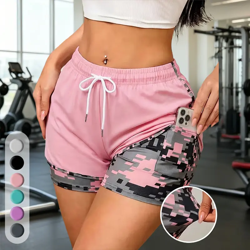 Women’s summer fashion faux two-piece camouflage shorts with drawstring waist and hidden pockets inside, suitable for gym workouts, casual outings, and sports activities in summer.