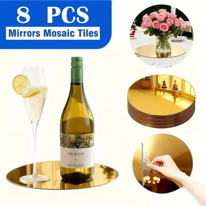 8 pieces, 20cm golden circular acrylic mirror table mat, Coasters, wedding table decoration, party decoration, DIY background board, classic design, table art, acrylic