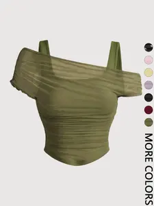 Women's Asymmetric Neckline Ruched Crop Top - Trendy Mesh Blouse for Club, Date Night & Vacation