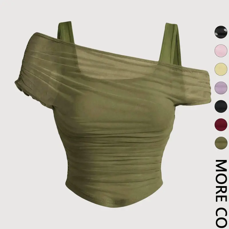 【Black Friday】Women's Asymmetrical Strappy Cold-Shoulder Ruched Mesh Crop Top #GLOBAL PICKS