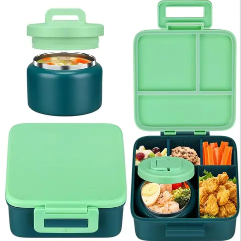 Lunch Box with 8oz Stainless Steel Food Jar, Personal Lunch Box, Meal Container, Large Capacity Bento Lunch Box with 5 Compartments, Portable Leakproof Lunchbox Vegetable Container for School, Travel, Picnic, Bento Box Containers for Food