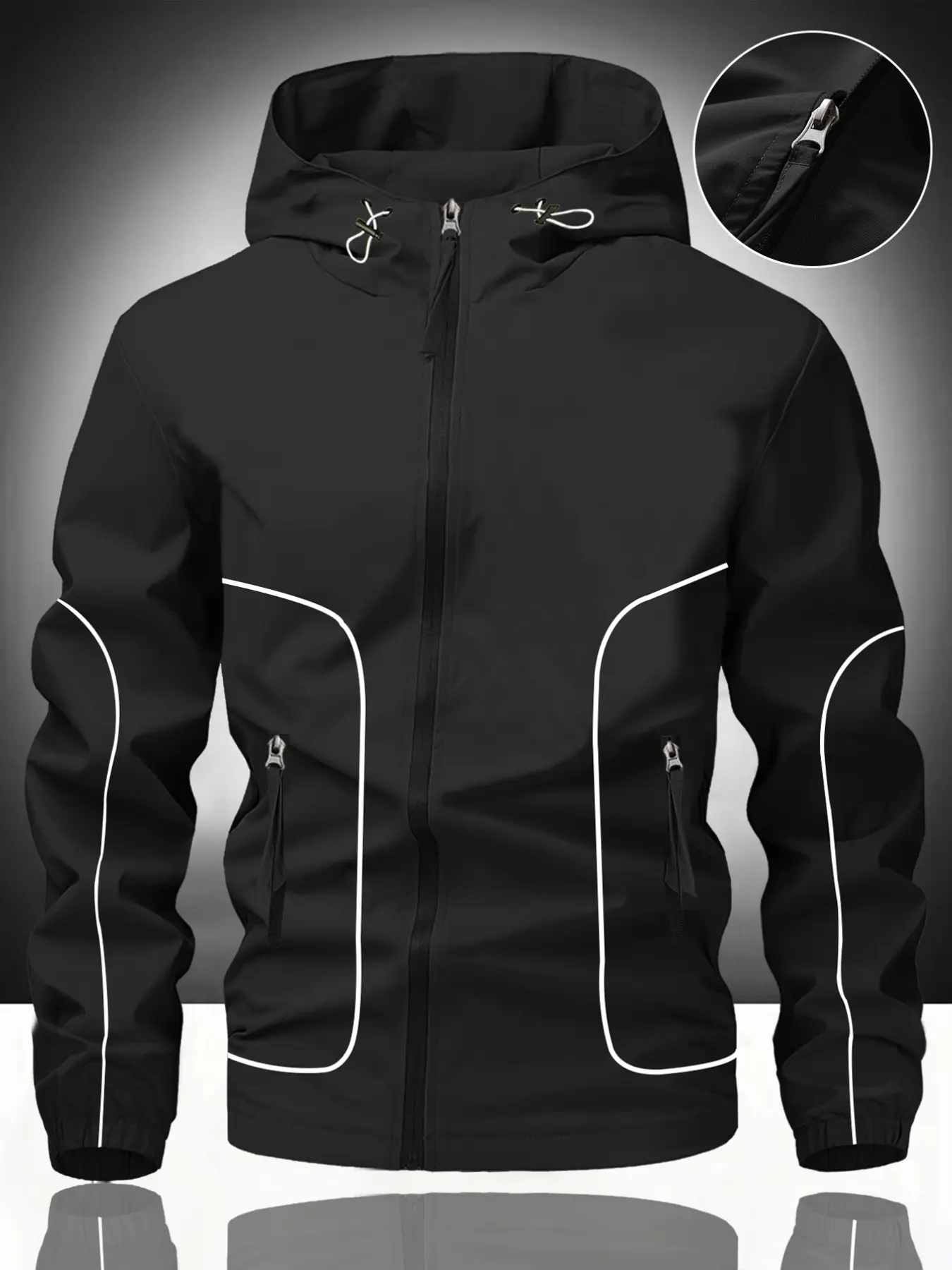 Men's Decorative Line Hooded Functional Jacket, Coats, Lightweight Waterproof Fabric, 3D Pockets, Outdoor Hiking, Daily Commute, Multiple Sizes Available