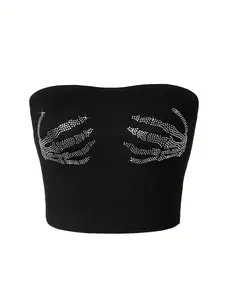 Women's Rhinestone Decorated Skeleton Hand Crop Tube Top, Fashionable Casual Sleeveless Cropped Strapless Top for Daily Outdoor Wear, Ladies Clothes for Summer, Womenswear