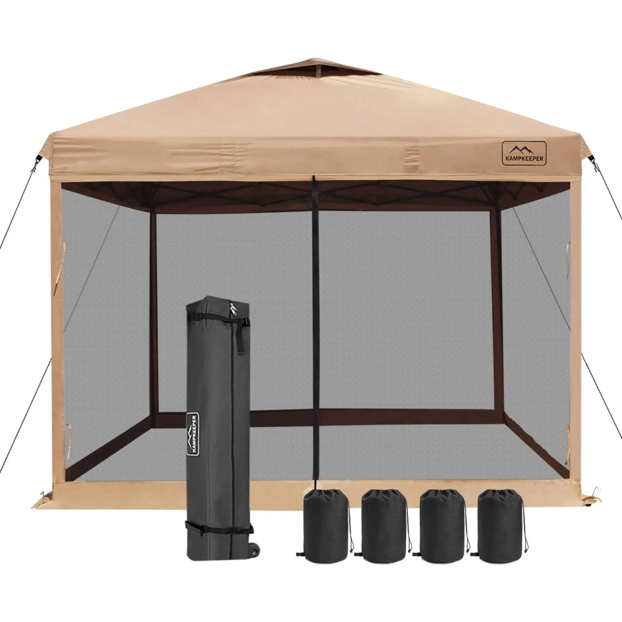 KAMPKEEPER 10x10 Pop Up Canopy Tent with Netting, Outdoor Sun Shade, Khaki