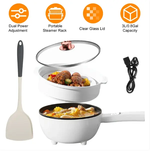 3L/0.8gal 120V Electric Hot Pot Non-Stick Frying Pan - Adjustable Dual Power Control, Heat Resistant Long Handle, Steamer Rack, Spatula, Glass Lid, Overheat & Dry-Boil Protection, Portable 1-3 People Noodles Cooker, Space-Saving for College Dorms