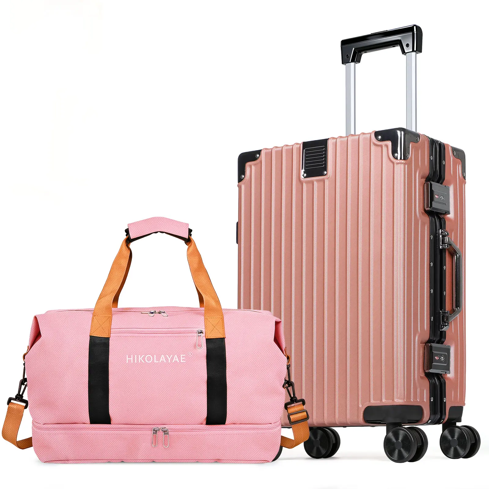 Pink 2-Piece Luggage Set, 20 Inch ABS Hard Shell Suitcase with Aluminum Frame + Travel Duffel Bag, Lightweight Carry-On Luggage Equipped with Spinner Wheels & TSA Lock for Business Trips