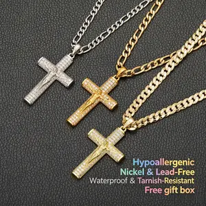 J.J Luxe Studio 14K PVD Gold-Plated Jesus Cross Necklace & Cuban,Figaro,Rope Link Chain, Nickel-Free & Lead-Free, Hypoallergenic Waterproof Jewelry,Gift Ready