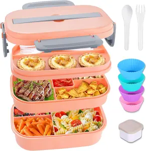 Bento Box Adult Lunch Box, Stackable Bento Lunch Container for Adults Kids, 3 Layer Portable Lunch Containers with Utensils, Sauce Jar, Muffin Liners, 63oz, Microwave & Dishwasher Safe, Pink Tableware Lid Plastic