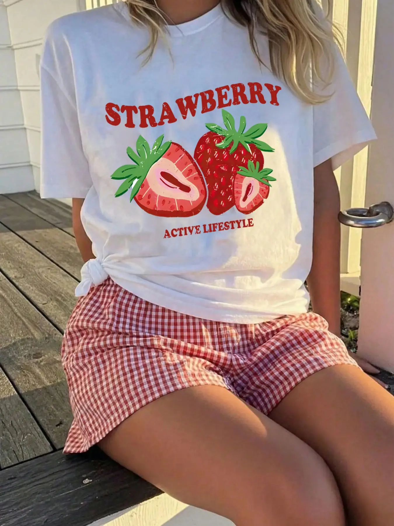 Women's Strawberry Printed Oversized T Shirt + Checkered Gingham Check Shorts 2 Piece Set, Retro Casual Loungewear, Summer Cute Pajama Set for Going Out