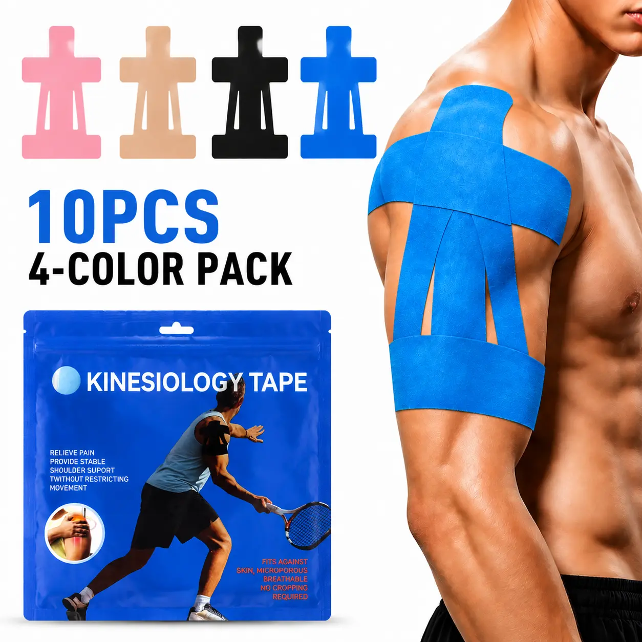 Original Precut Cotton Kinesiology Tape for Adults, 10 PCS Functional Waterproof-Breathable Shoulder Tape for Shoulder Pain Relief, Elastic Support for Swimming & Squats