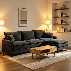 113" Chenille Modular Sectional Sofa, Convertible L Shaped Modular Sofa Comfy   with Ottoman, Side Pockets and 5 Throw Pillows for Living Room (Corduroy Black, 113'' - 4 Seat)-Ship In 2 Boxes cloud couch