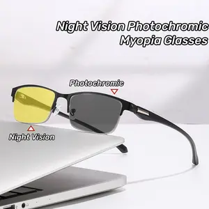Men Half Frame Night Vision Photochromic Myopia Glasses Day and Night Anti-blue Light Eyewear Business Yellow Lenses Glasses