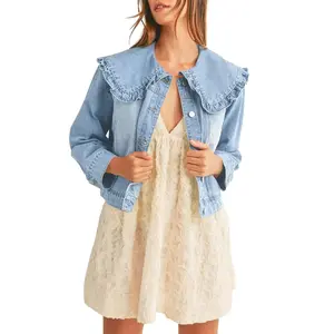 Danedvi Womens Jean Jackets Casual Long Sleeve Peter Pan Collar Loose Fit Denim Shirts Coat with Pockets Dress Tops