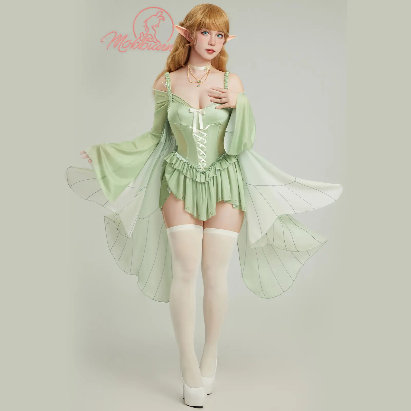 Green Ruffle Elegant Bodysuit and Necklace with Stockings