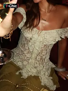 Women's Solid Lace Sheer Ruffles Irregular Hem Tie-front Strapless Tube Top, Off The Shoulder Sexy Backless Sleeveless Plain Lace-trim See Through Slim Fit Crop Top, Party Club Date Holiday Daily Sweet Casual Tank Tops Clothes Wear Backless Tanks