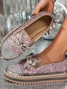Women's Rhinestone Loafers, Luxurious Party Style Thick Sole Slip-On Shoes, Perfect for Dating and Vacation