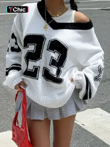 Unisex V-Neck Knit Pullover with Star and Number 23 Pattern, Casual Loose-Fitting Sweater for Spring & Fall, Comfortable and Stylish