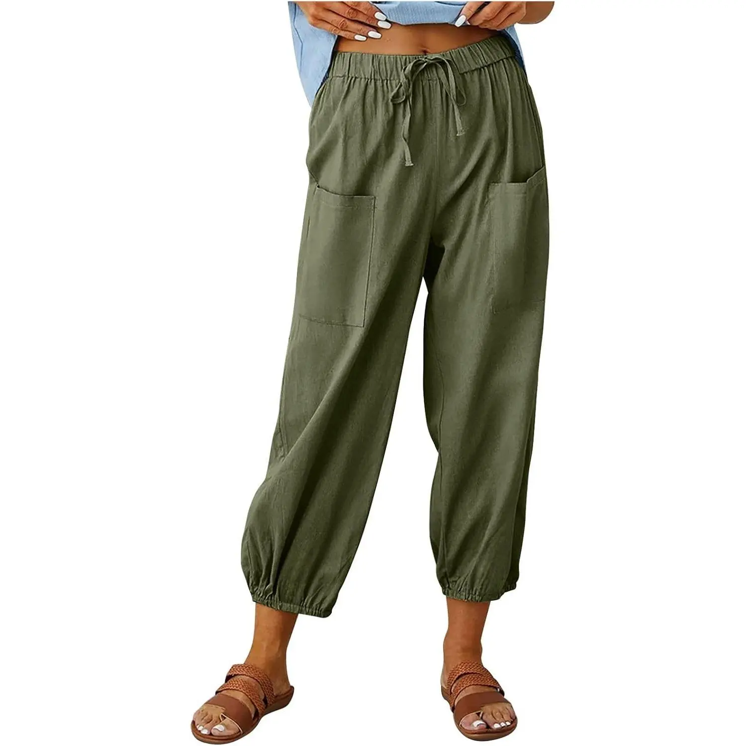 Larmliss Women's Linen High-Waist Drawstring Capri Pants - Minimalist Basic Casual Fit Comfy Loose Trousers with Pockets and Button, Pants for Women, Capri Pants Women