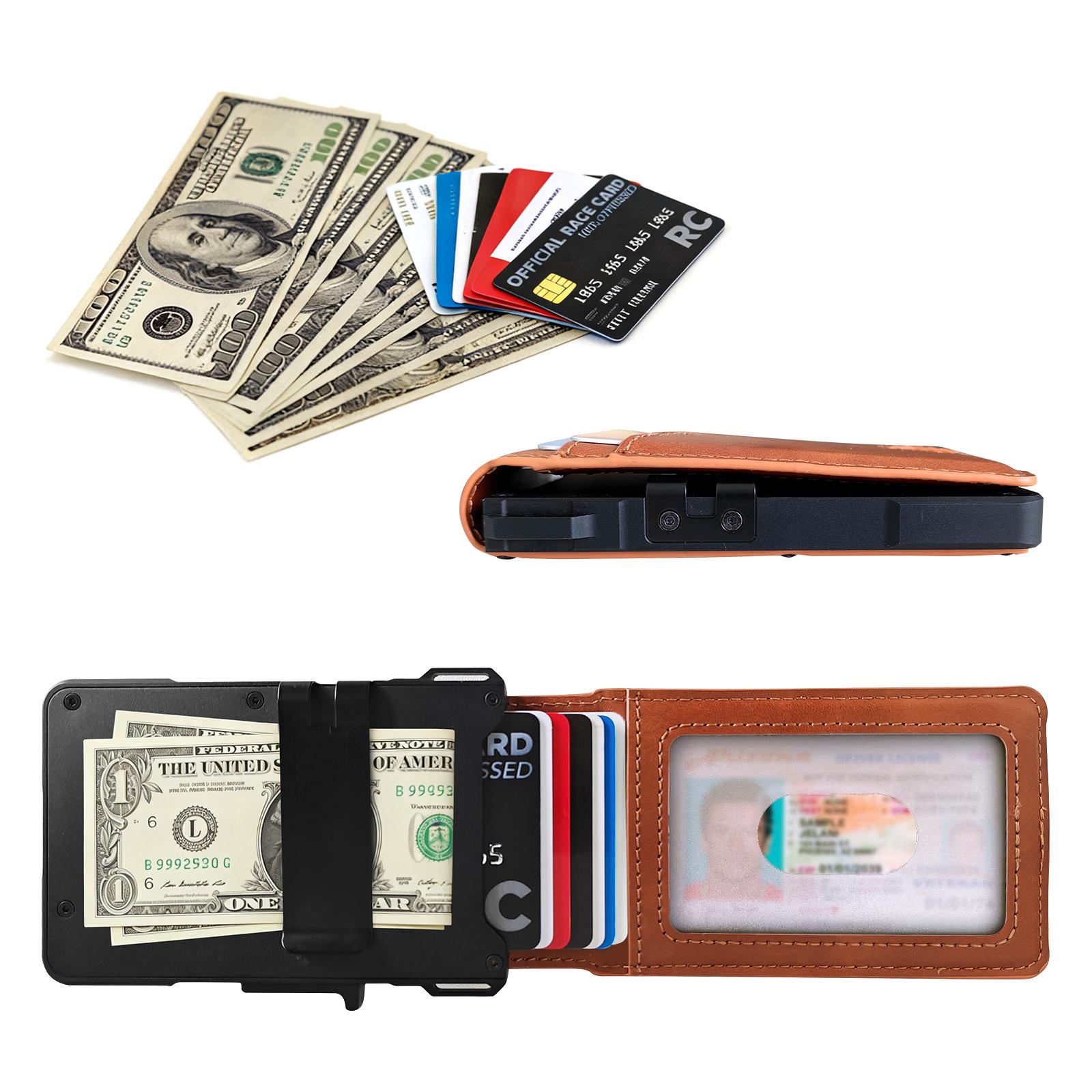 Premium Full-Grain Leather Men's Slim Wallet: 9 - 13 Cards, Money Clip, ID Window. RFID - Blocking, Aluminum Bifold Pop - Up SpringStatements Organiser Organiser