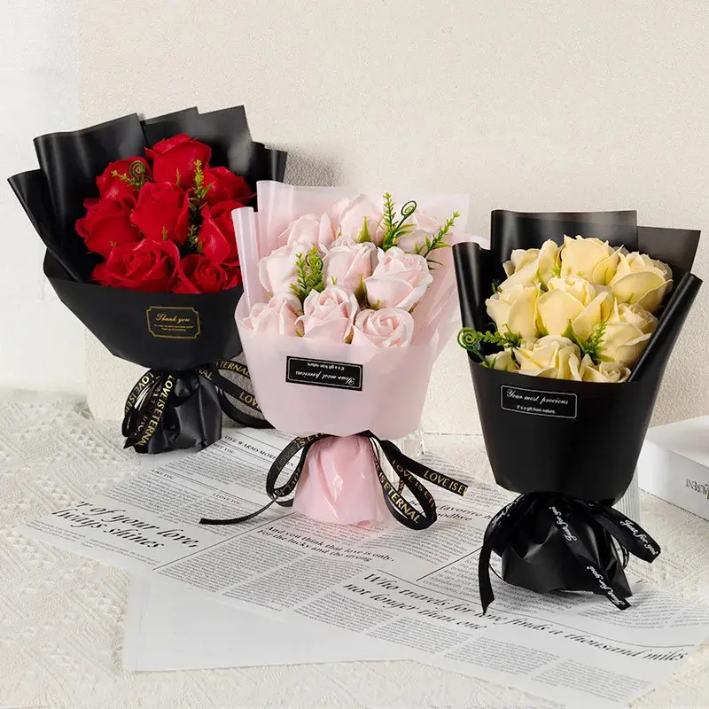 9-Heads Long-Lasting Artificial Soap Rose Bouquet, 11in Length 6.69in Width Decorative Floral Arrangement for Christmas, Mother's Day, Valentine's Day Wedding & Home Decor DIY Gifting