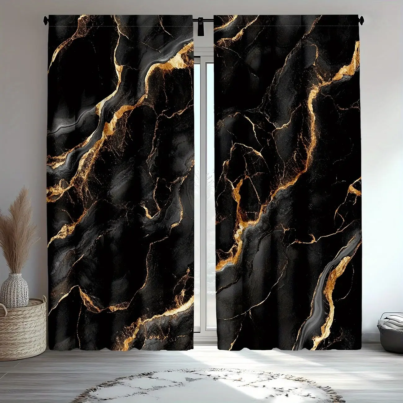 Two piece set of black and gold marble patterned curtains, smooth gold design, creating fashionable home decor, semi blackout polyester fabric curtains, Room Decor Curtain, Window Curtain, Home Decoration Curtain, Home Decorative Curtain