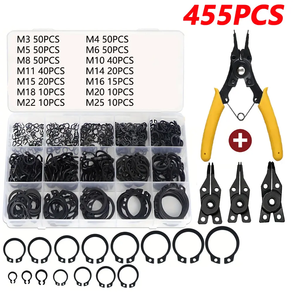 455Pcs C-Clip External Retaining Rings Snap Rings Assortment Kit Manganese Steel Black Retaining Ring M3-M25 With Circlip Pliers Tool Set