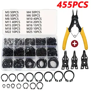 455Pcs C-Clip External Retaining Rings Snap Rings Assortment Kit Manganese Steel Black Retaining Ring M3-M25 With Circlip Pliers Tool Set