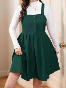 Plus Size Corduroy Backless Dress, Casual Wear, Front Button Design, Pleated A-Line Hem, Vintage College Style, Layered Inner Wear