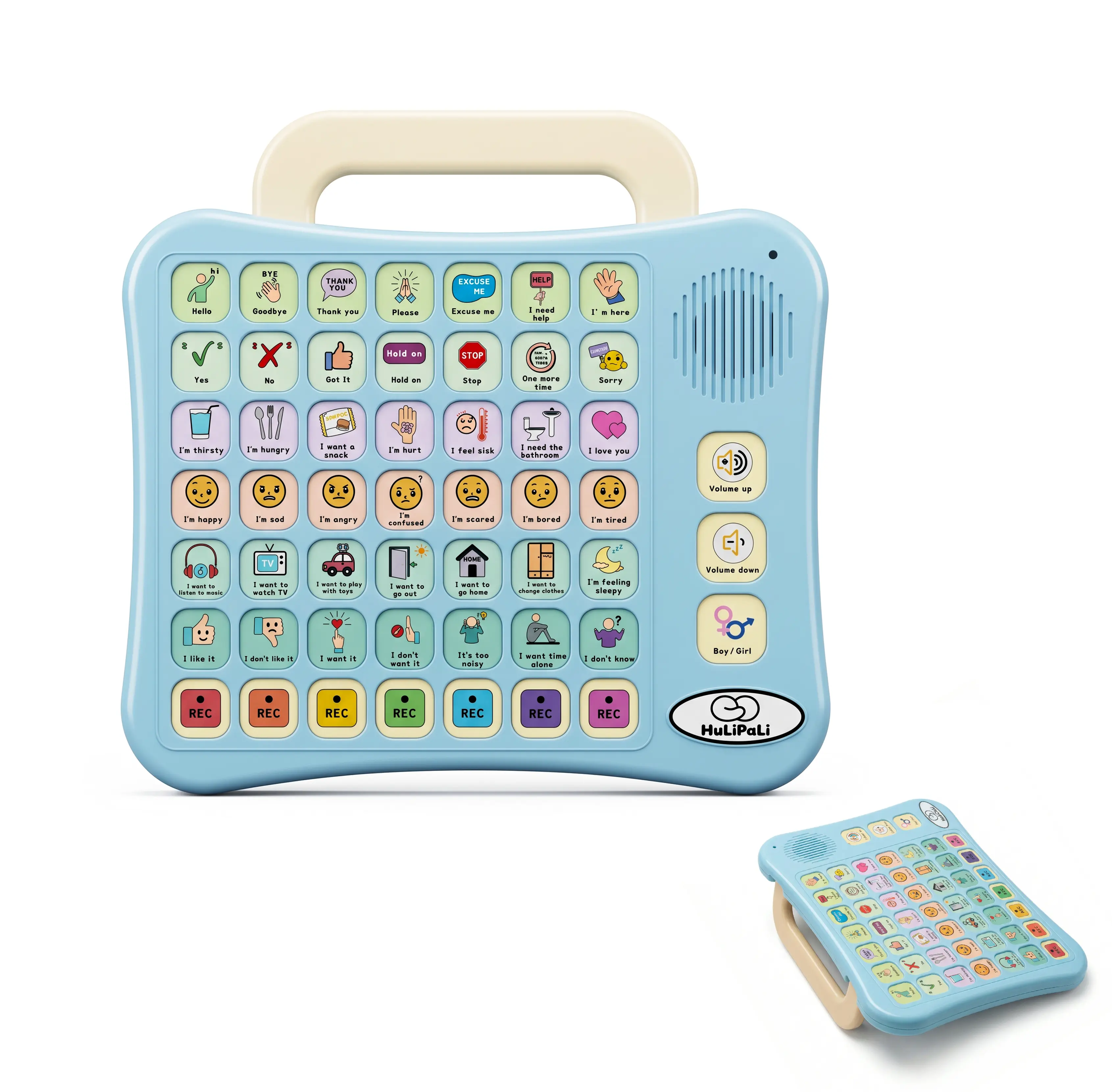 HuLiPaLi Durable AAC Device Toy Tablet for Nonverbal Autistic Kids - 42 Preset Phrases, 7 Recordable Voice Buttons, Adjustable Volume for Quiet Rooms, Flip-to-Stand Multifunction for Speech Therapy