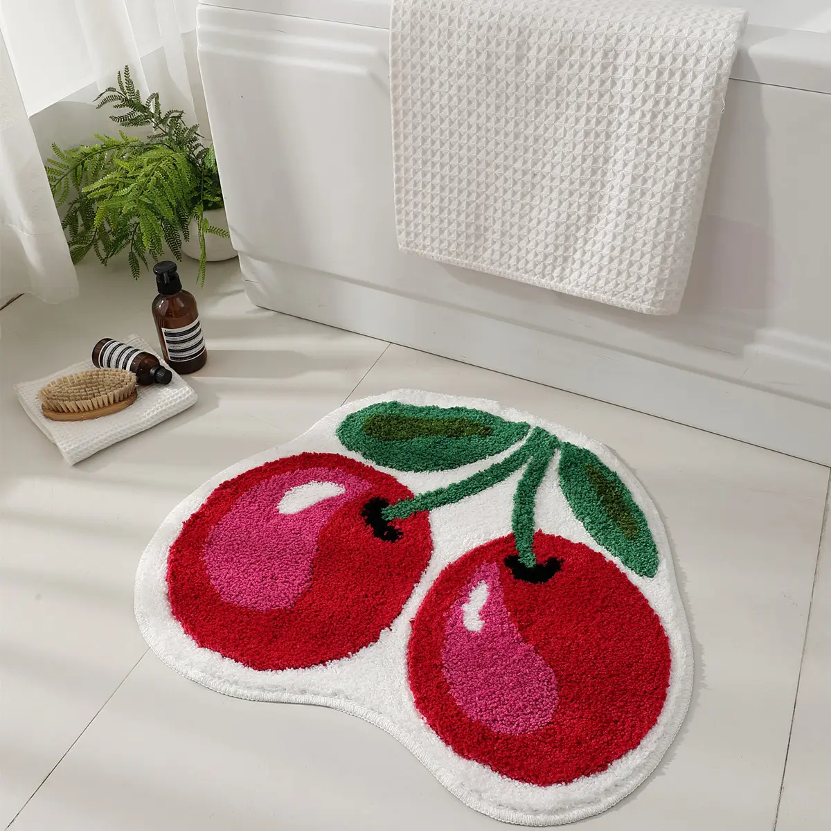 Soft Fluffy Tufted Cherry Fruit Shaped Bath Mat - Non Slip, Cozy, Water Absorbent Home Supplies Shower Rugs for Bathroom, Modern Indoor Decor Bathmat, Fluffy Tufted Bathmat