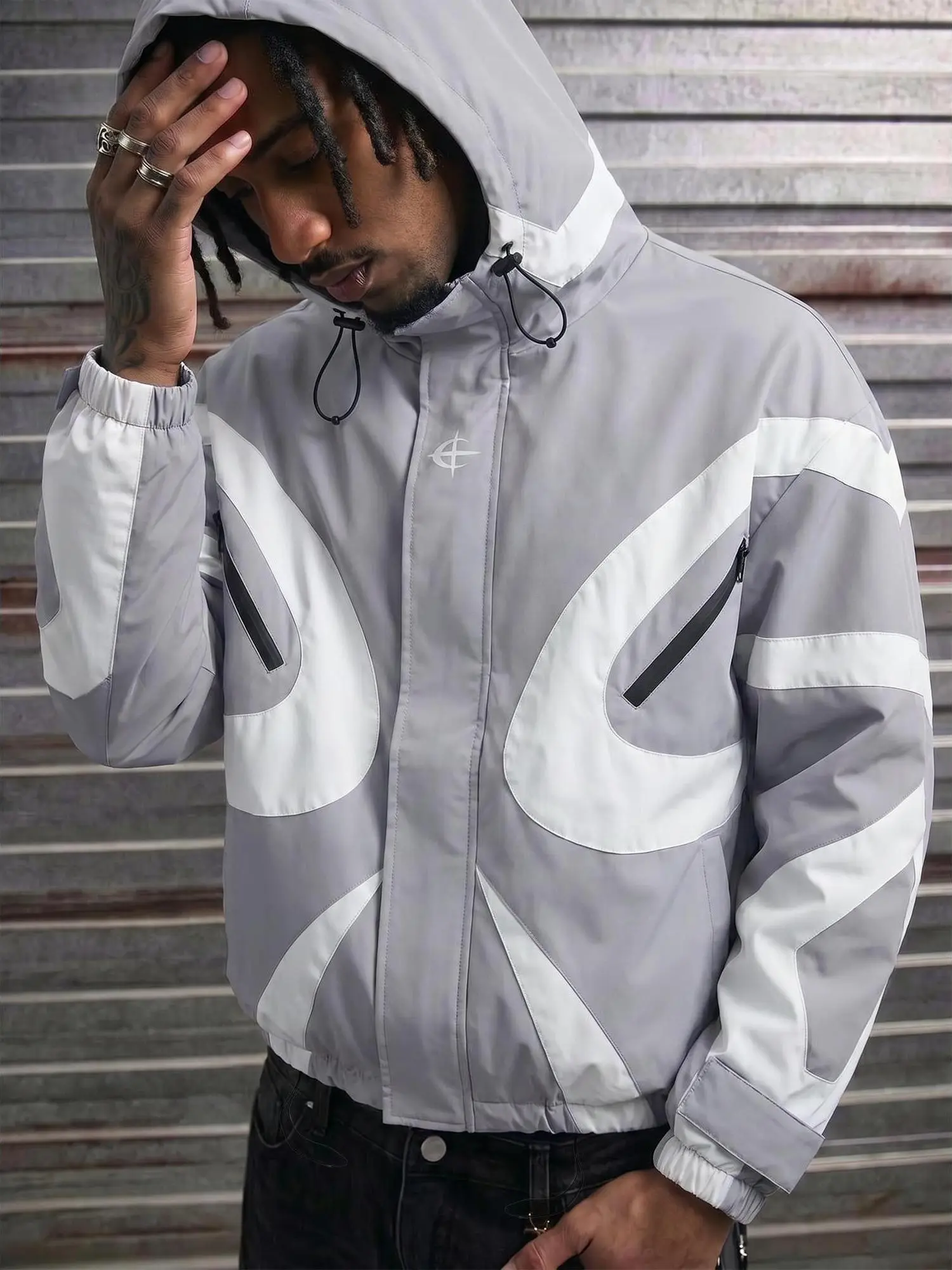 Y2K Windbreaker Jacket Men Women, Vintage Color Block Hooded Jacket, Streetwear Oversized Lightweight Windbreaker Coat, Harajuku Techwear Style Outdoor Casual Jacket, Trendy Hip Hop Fashion Outerwear