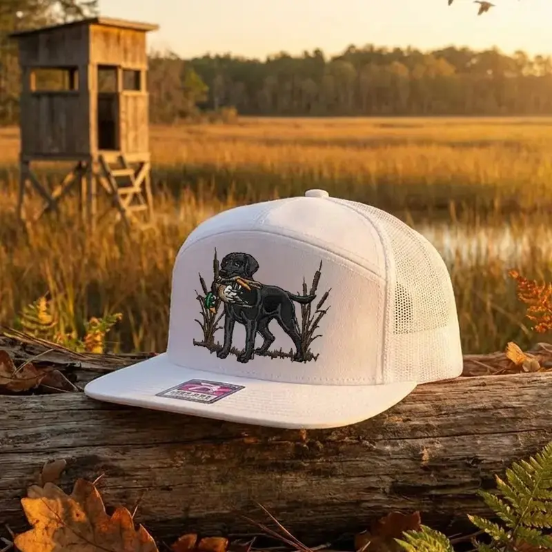 [ Best 2026 ] Black Lab Duck Hunting Embroidered Trucker Hat for Men White Mesh Snapback Cap Retriever Hunting Dog Hat Waterfowl Hunter Gift Outdoor Camo Hunting Cap Adjustable Flat Bill Hat for Duck Hunters and Dog Lovers