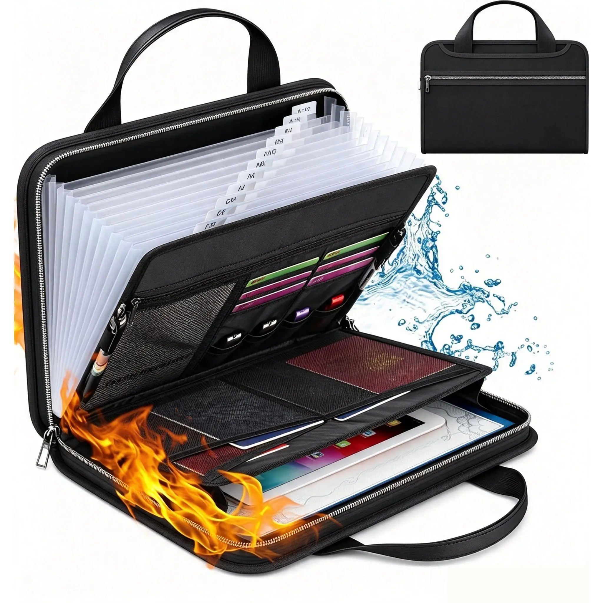 Compact Fireproof Accordion-Fold Document Folder with Secure Zipper, 13-Pocket Sorting File Organizer, Easy-Grip Handle, Sports & Outdoor Accessory for Invoices/Forms/Paperwork Storage