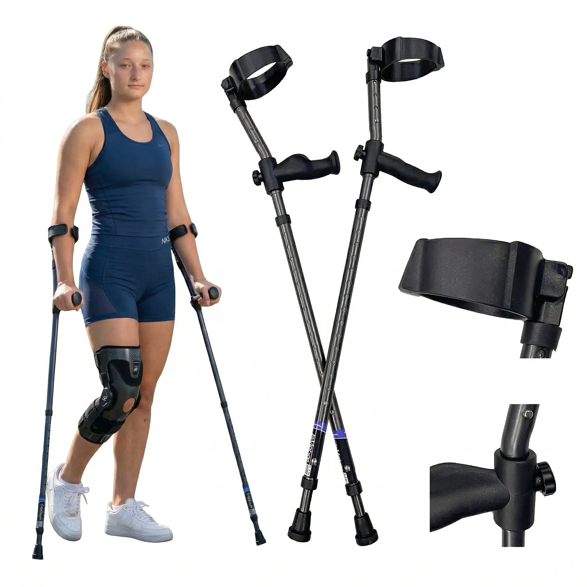 In-Motion Pro Forearm Crutches - Spring-Assist, Ergonomic Handle, Closed Cuff, Lightweight, Foldable