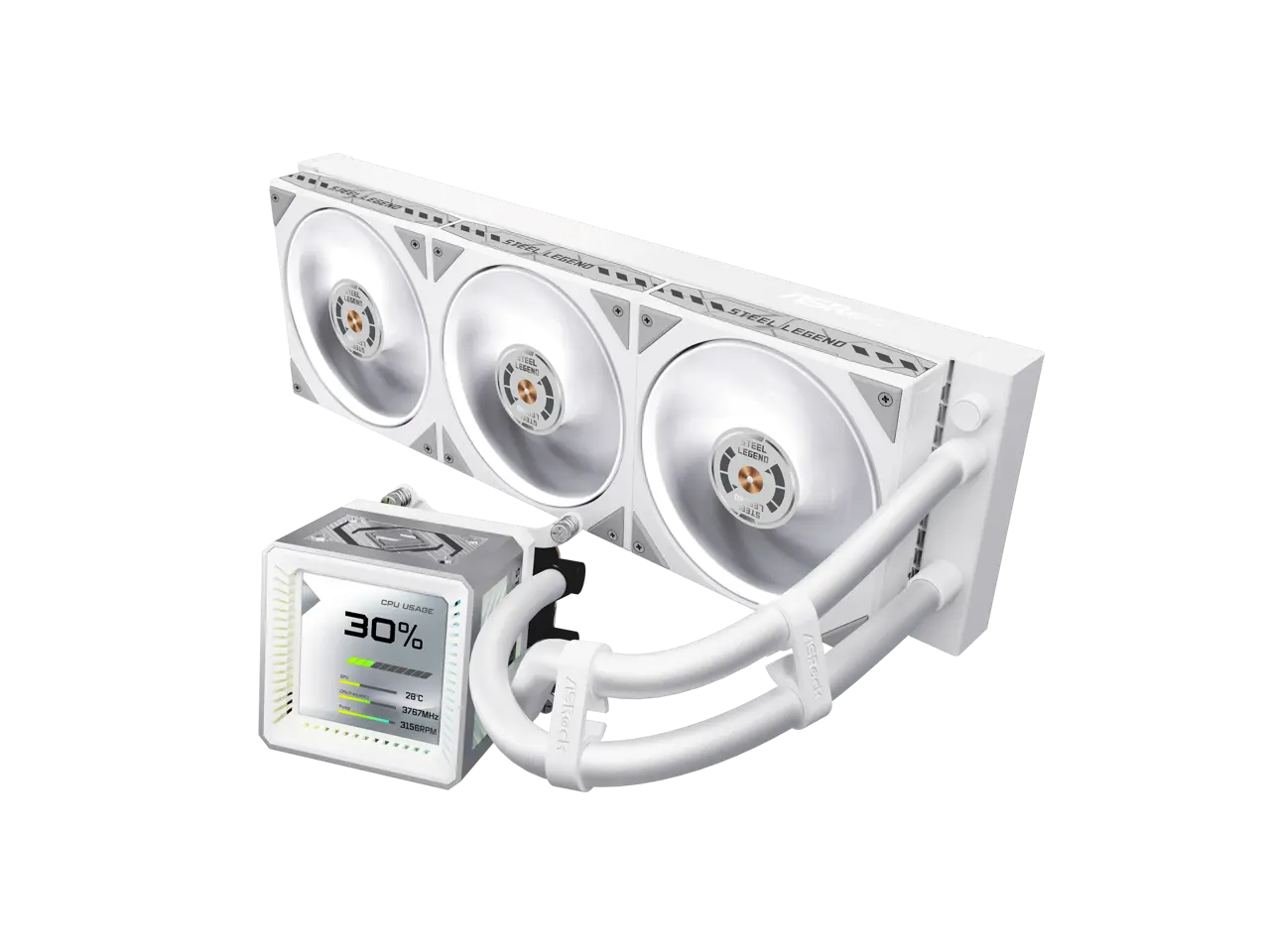 ASRock AIO Steel Legend 360 LCD 27mm radiator, 3.4" LCD, VRM module, LCP fan w/ dual-ball bearing, white version