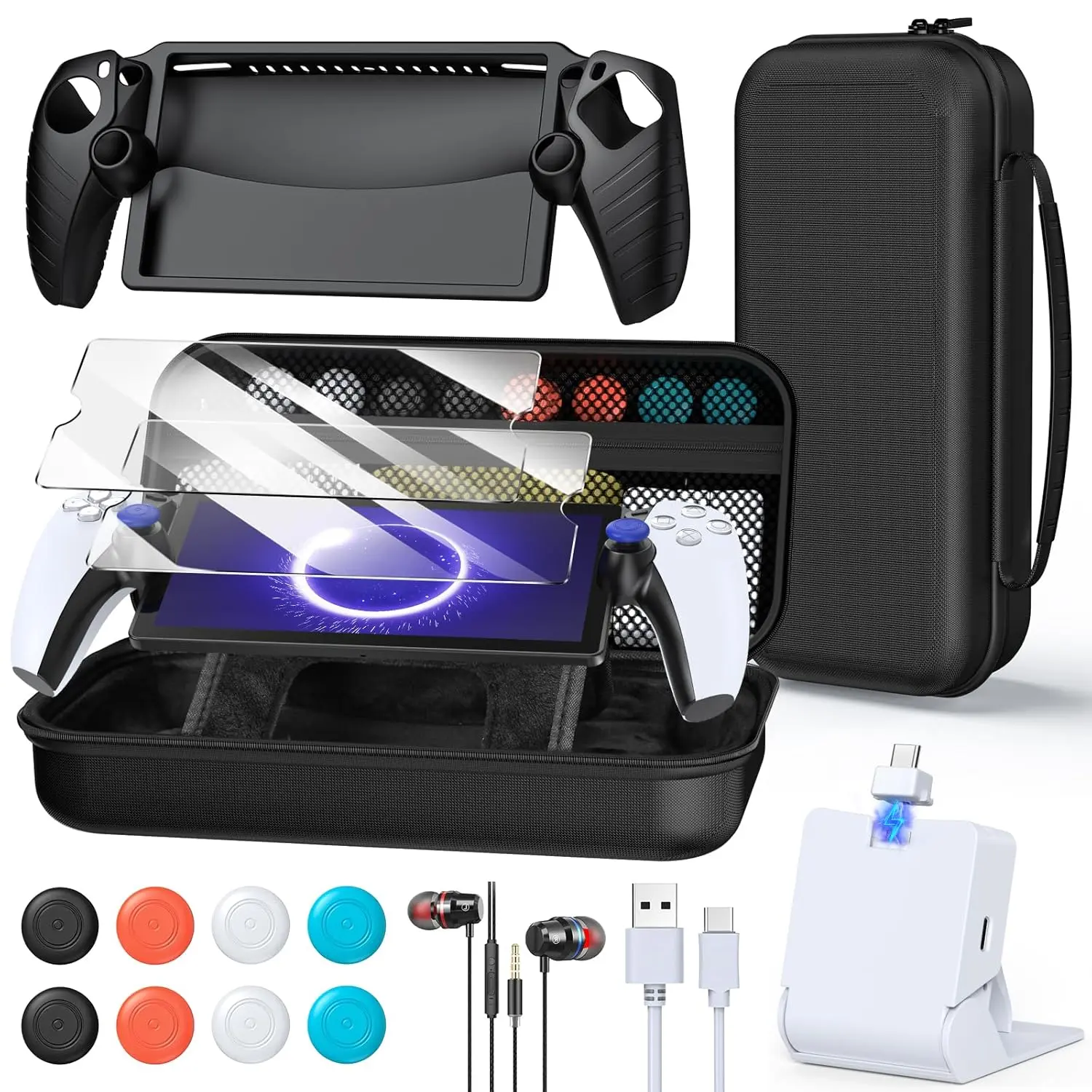 PS5 Portal Handheld Device Durable Accessories Kit - Black Soft Shell Protection Bundle with Carry Bag, Tempered Glass Screen Protectors (2), Portable Charger, Wired Headphone, Thumb Grips (8), Remote, Stick