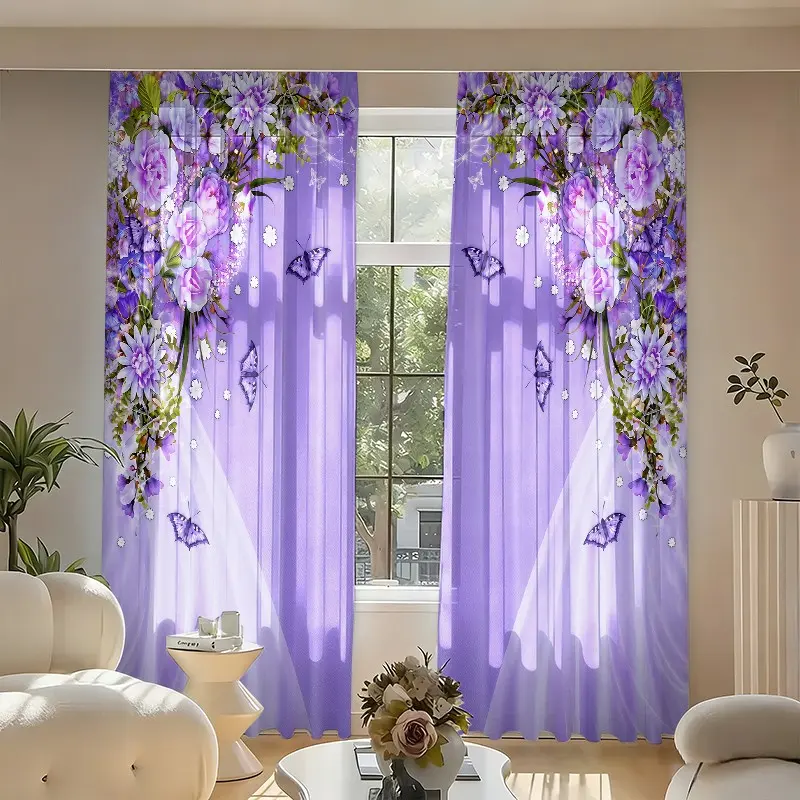 2 pieces of dreamy purple floral butterfly printed curtains. Made of polyester. Durable and easy to clean. Suitable for bedroom and living room decoration. Home decoration living room curtains Window Curtain Home Decorative Curtain.