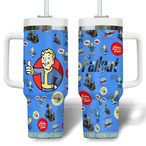 Fall0ut Vault Boy Inspired 40oz Handle Tumbler – Retro RPG Game Art Stainless Steel Cup, Blue Cartoon Pattern, Gamer Gift Travel Mug