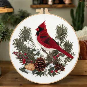 Christmas Cardinal Bird Embroidery Kit – DIY Stitching with English Guide Holiday Art Supplies