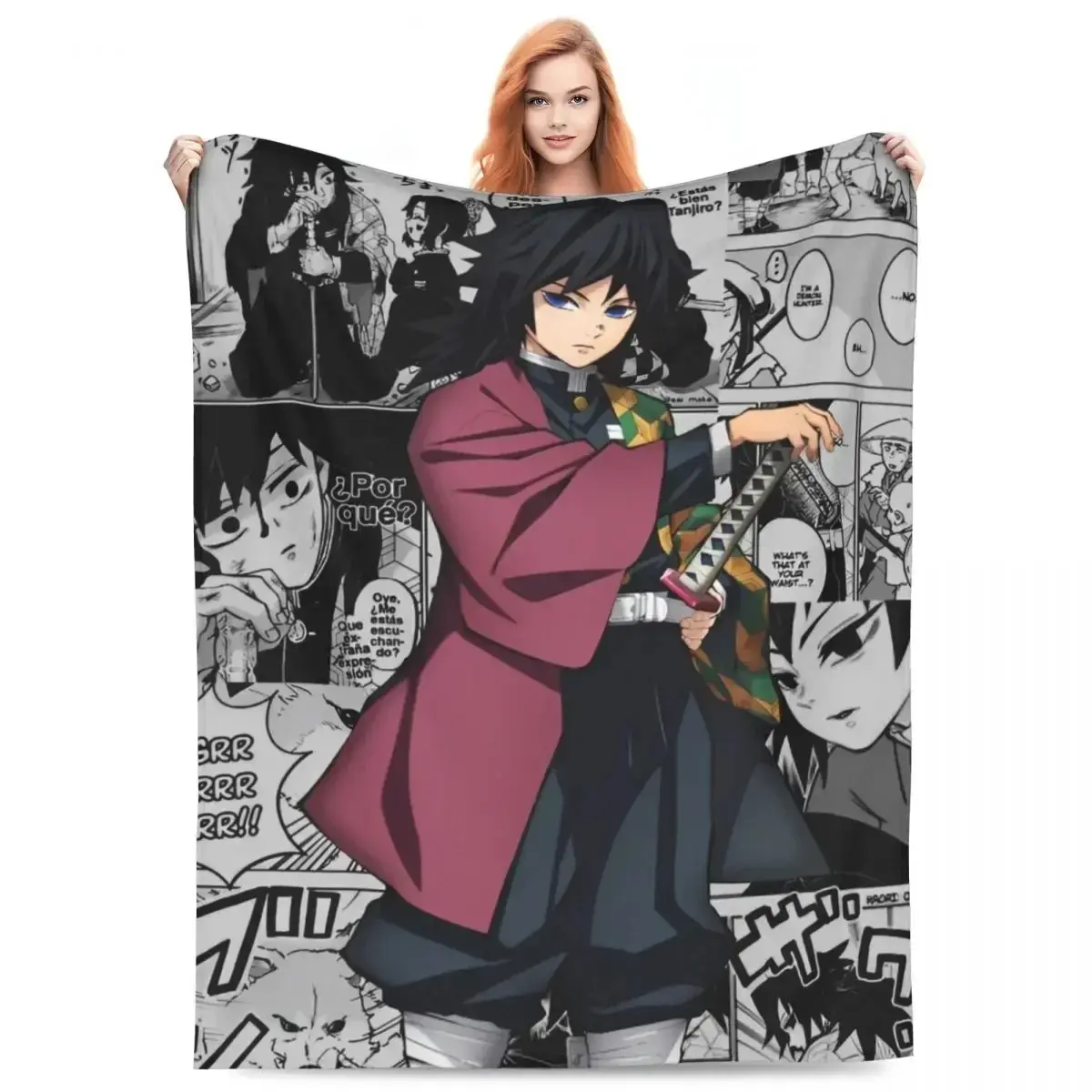 Demon Slayer Graphic Blankets, Water Hashira Giyu Tomioka Coral Fleece Plush Throw Blanket for Car, Sofa, Couch, Bedspread