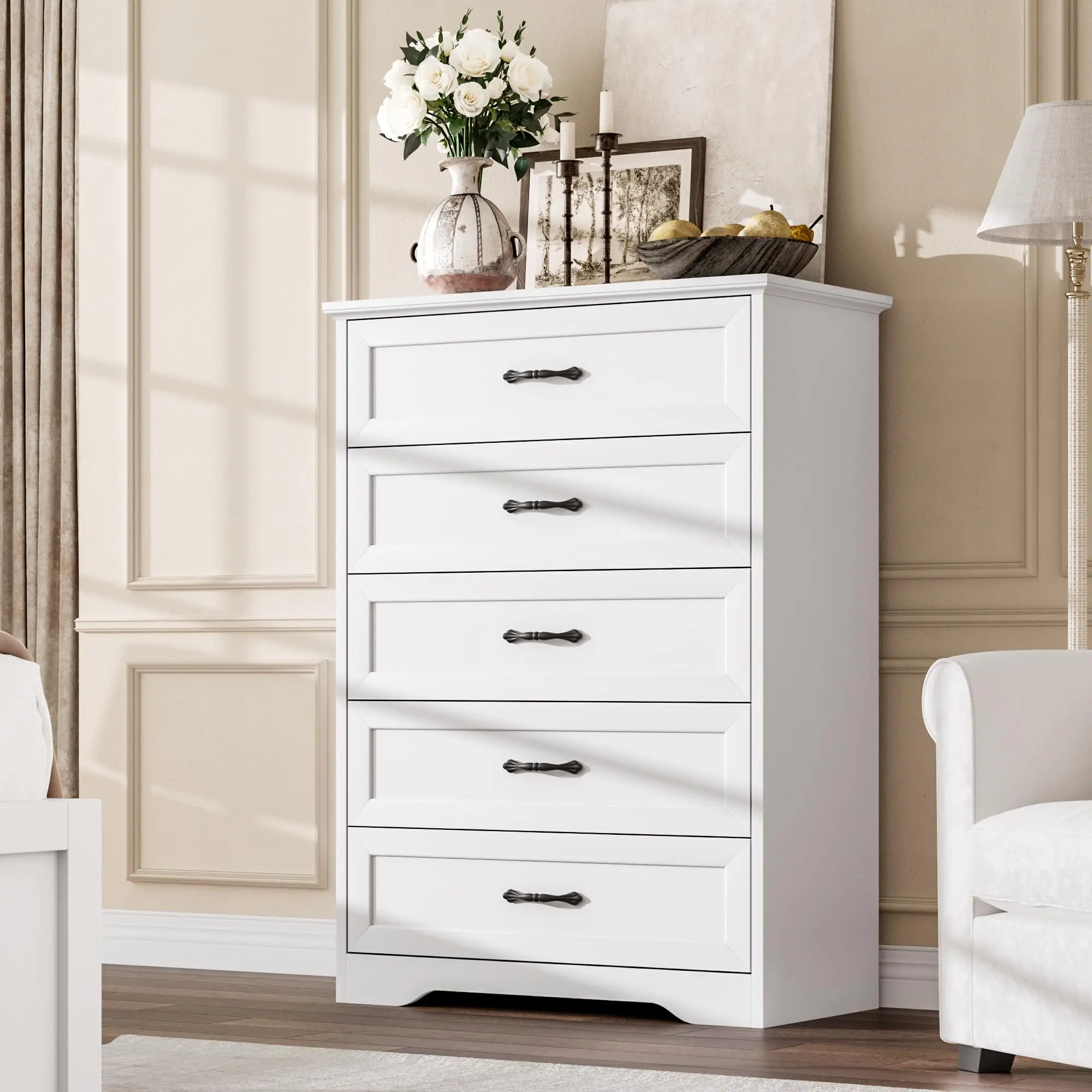 YJ-Garvee - 5-Drawer Dresser for Bedroom, Wide Metal Handle Dresser, Modern Farmhouse Wood Dresser, Natural Texture, Storage Organizer for Bedroom, Living Room,White