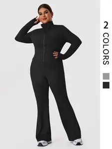 Plus Size Women's Fitness Set, Athleisure Wear Set, Workout Sets, Thumb Hole Training Jacket, Elastic Waist Yoga Pants, Casual Flare Leggings, Outdoor Sports, Gym Workout Clothes, Gym Yoga Clothing