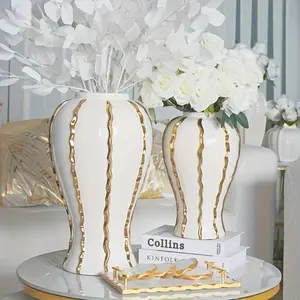 New Elegant Ceramic Vase With Electroplated Finish - European-Inspired Floral Arrangement Geometric Stripe Design For Entryway Decor & Storage Round Ornaments