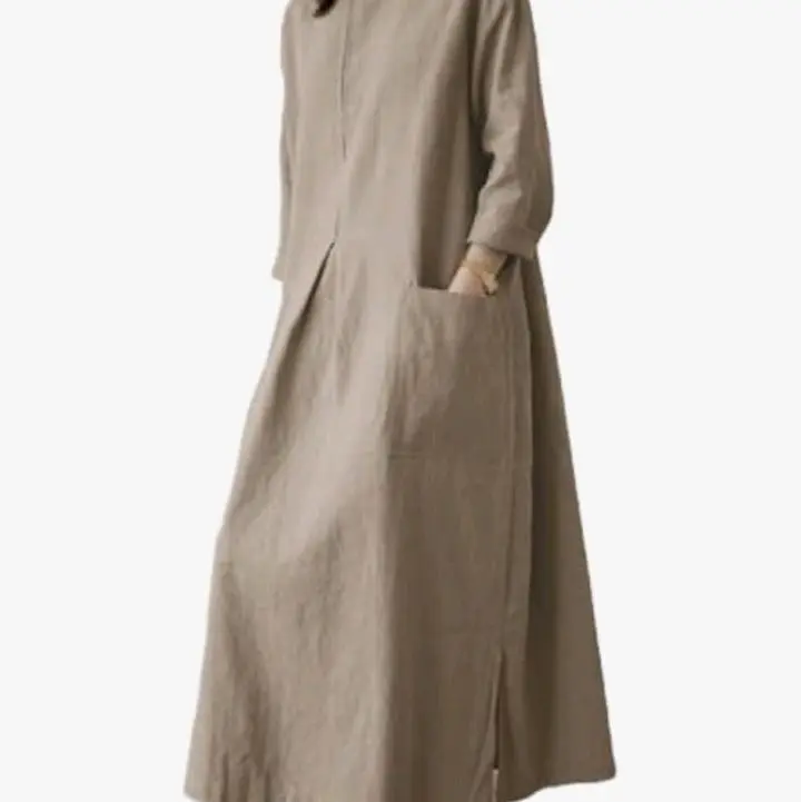 ACWUMU Women's Cotton Linen Long Sleeve Maxi Dress Crew Neck Side Slits Flowy Casual Dress with Pockets | MUST PURCHASE AT https://amzn.to/4sXnN43