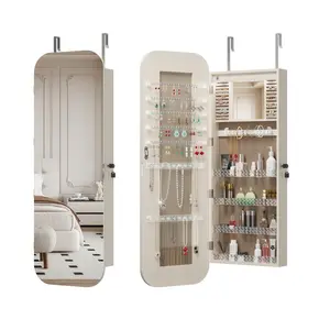 Jewelry Cabinet Armoire with Full Length Mirror, Door or Wall Mounted, Jewelry Armoire Organizer, Lockable Storage Cabinet, Interior Lighted Mirror, Irregular-Shaped Design,